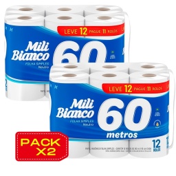 Papel Higienico Mili Blanco Hoja Simple Neutro 60m X12 Pack X2