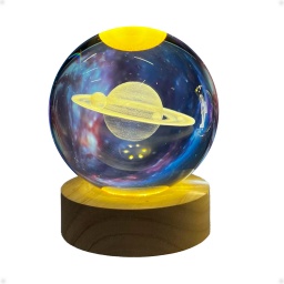 Lampara Bola Cristal Led Veladora Con Base Madera Saturno