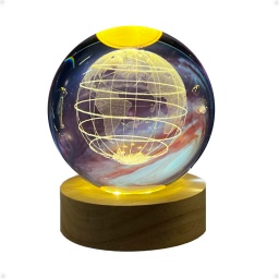 Lampara Bola Cristal Led Veladora Con Base Madera Planeta Tierra